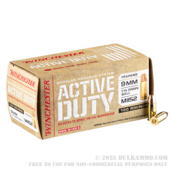 100 Rounds of 9mm Ammo by Winchester Active Duty - 115gr FMJ M1152