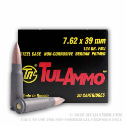 20 Rounds of 7.62x39mm Ammo by Tula - 124gr FMJ