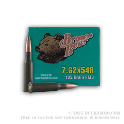 20 Rounds of 7.62x54r Ammo by Brown Bear - 185gr FMJ