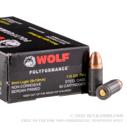 50 Rounds of 9mm Ammo by Wolf WPA Polyformance - 115gr FMJ