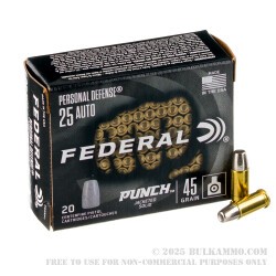 20 Rounds of .25 ACP Ammo by Federal Punch - 45gr Jacketed Solid