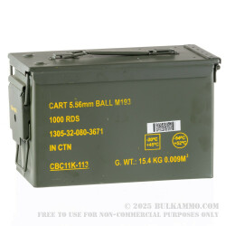 1000 Rounds of 5.56x45 Ammo by Magtech/CBC in Ammo Can - 55 gr FMJ **Surplus Ammo - Manufactured early 2000's**