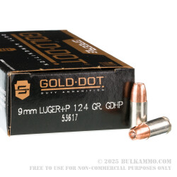 1000 Rounds of 9mm +P Ammo by Speer Gold Dot - 124gr JHP