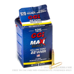 125 Rounds of .22 WMR Ammo by CCI Maxi-Mag - 40gr JHP