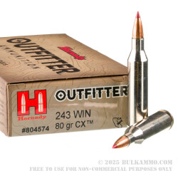 20 Rounds of .243 Win Ammo by Hornady Outfitter - 80gr CX