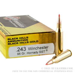 20 Rounds of .243 Win Ammo by Black Hills Gold - 95gr Polymer Tipped