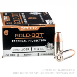 20 Rounds of 9mm Ammo by Speer - 124gr JHP