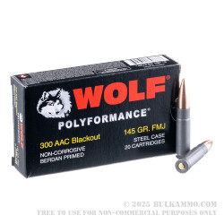 500 Rounds of .300 AAC Blackout Ammo by Wolf - 145gr FMJ