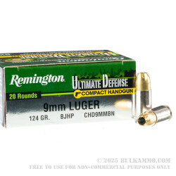 20 Rounds of 9mm Ammo by Remington Ultimate Defense Compact- 124gr JHP