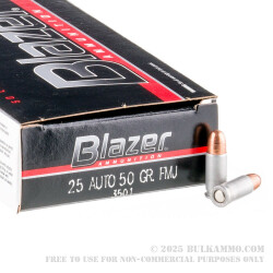 50 Rounds of .25 ACP Ammo by CCI - 50gr FMJ