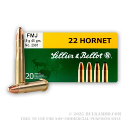 20 Rounds of .22 Hornet Ammo by Sellier & Bellot - 45gr FMJ