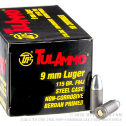 100 Rounds of 9mm Ammo by Tula - 115gr FMJ