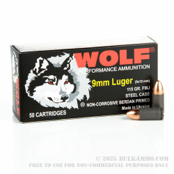 1000 Rounds of 9mm Ammo by Wolf - 115gr FMJ