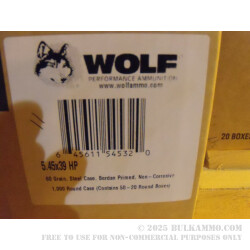 1000 Rounds of 5.45x39mm Ammo by Wolf - 60gr HP