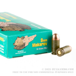 1000 Rounds of 9x18mm Makarov Ammo by Brown Bear - 94gr FMJ