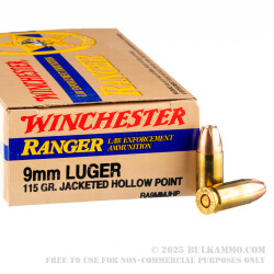 50 Rounds of 9mm Ammo by Winchester Ranger - 115gr JHP