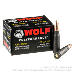 20 Rounds of 7.62x39mm Ammo by Wolf WPA Polyformance - 123gr HP