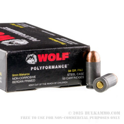 1000 Rounds of 9x18mm Makarov Ammo by Wolf - 94gr FMJ