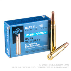 10 Rounds of .375 H&H Mag Ammo by Prvi Partizan - 300 gr FMJ