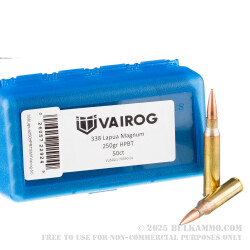 50 Rounds of .338 Lapua Magnum Ammo by Vairog - 250gr HPBT MatchKing