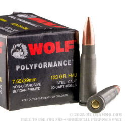 20 Rounds of 7.62x39mm Ammo by Wolf WPA Polyformance - 123gr FMJ