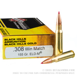 20 Rounds of .308 Win Ammo by Black Hills Gold - 155gr ELD Match