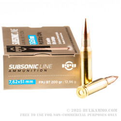 200 Rounds of 7.62x51mm Ammo by Prvi Partizan Subsonic - 200gr FMJBT