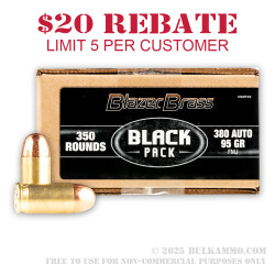 350 Rounds of .380 ACP by Blazer Brass Black - 95gr FMJ