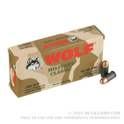 1000 Rounds of .380 ACP Ammo by Wolf - 94gr FMJ