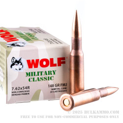 500 Rounds of 7.62x54r Ammo by Wolf Military Classic - 148gr FMJ