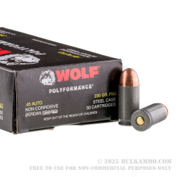 500  Rounds of .45 ACP Ammo by Wolf - 230gr FMJ