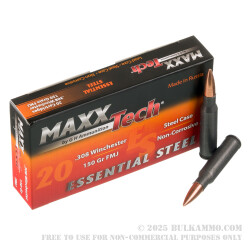 500 Rounds of .308 Win Ammo by MAXXTech Essential Steel - 150gr FMJ