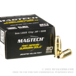 20 Rounds of 9mm Ammo by Magtech Guardian Gold - 124gr JHP