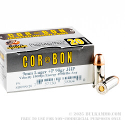 20 Rounds of 9mm +P Ammo by Corbon - 90gr JHP