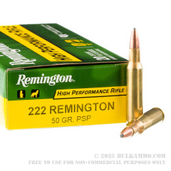 20 Rounds of .222 Rem Ammo by Remington - 50gr PSP