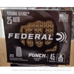 20 Rounds of .25 ACP Ammo by Federal Punch - 45gr Jacketed Solid
