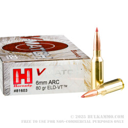 20 Rounds of 6mm ARC Ammo by Hornady V-Match - 80gr ELD-VT