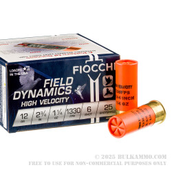 250 Rounds of 12ga 2-3/4" High Velocity Ammo by Fiocchi - 1 1/4 ounce #6 shot