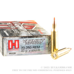 20 Rounds of .22-250 Rem Ammo by Hornady - 40gr V-Max