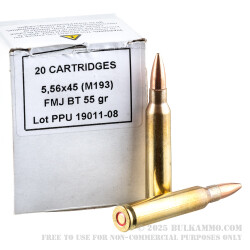 20 Rounds of 5.56x45 Ammo by Prvi Partizan - 55gr FMJBT M193