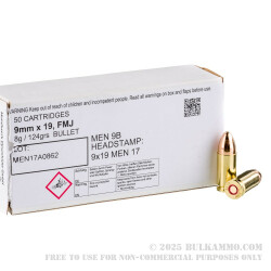 50 Rounds of 9mm Ammo by MEN - 124gr FMJ