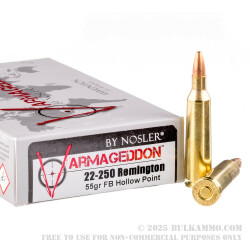 20 Rounds of .22-250 Rem Ammo by Nosler Varmageddon Ammunition - 55gr Flat Base Hollow-Point (FBHP)