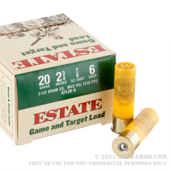 25 Rounds of 20ga Ammo by Estate Cartridge Game and Target - 2-3/4" 7/8 oz. #6 Shot