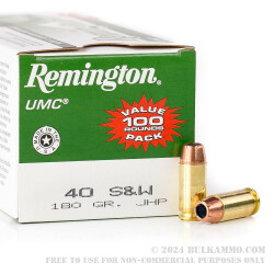 100 Rounds of .40 S&W Ammo by Remington - 180gr JHP