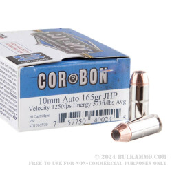 20 Rounds of 10mm Ammo by Corbon - 165gr JHP