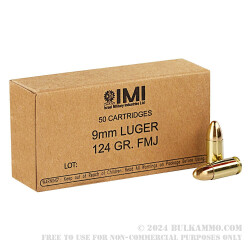 50 Rounds of 9mm Ammo by Israeli Military Industries - 124gr FMJ
