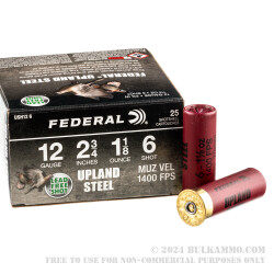 250 Rounds of 12ga Ammo by Federal Upland Steel - 1 1/8 ounce #6 steel shot