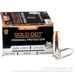 500  Rounds of 9mm Ammo by Speer - 124gr JHP