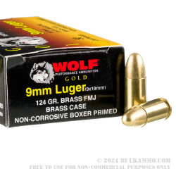 50 Rounds of 9mm Ammo by Wolf Gold - 124gr FMJ