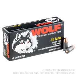 50  Rounds of .45 ACP Ammo by Wolf - 230gr FMJ